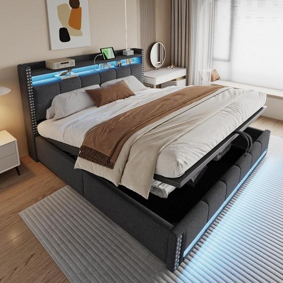 Merax lit hydraulique rembourré 180x200 cm pour enfants avec éclairage LED et prise USB, lit simple avec espace de rangement à la tête de lit, tissu en lin gris