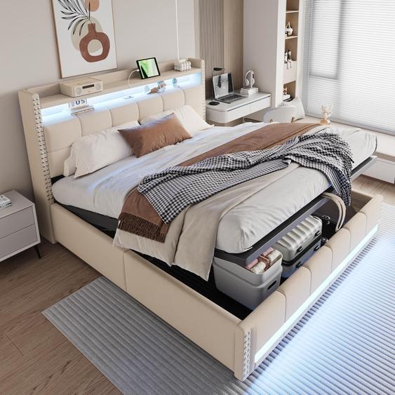 Merax lit hydraulique rembourré 180x200 cm pour enfants avec éclairage LED et prise USB, lit simple avec espace de rangement à la tête de lit, tissu lin Beige