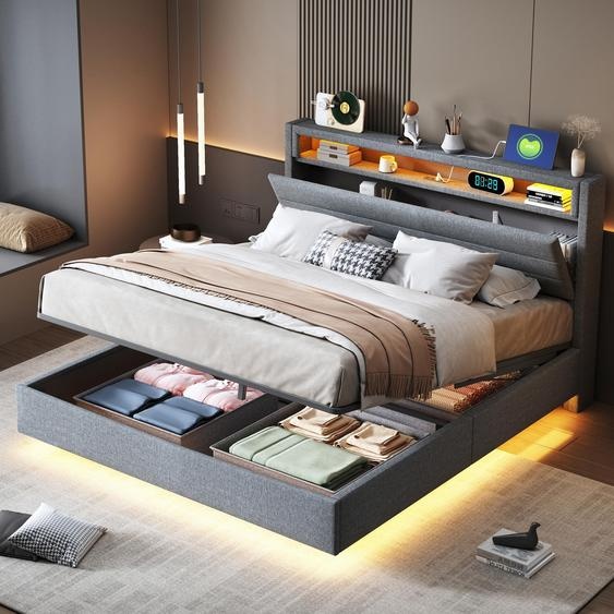 Merax Lit rembourré 140x200 avec LED et tête de lit réversible, Lit boxspring hydraulique en lin, Lit flottant de rangement avec connexion USB, Gris