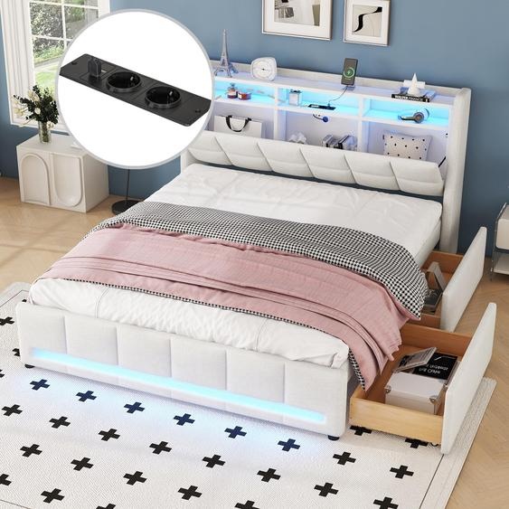 Merax Lit rembourré 140x200 cm, lit avec éclairage LED, prise USB, lit plat avec tiroirs, étagère et compartiment de rangement, lin, beige