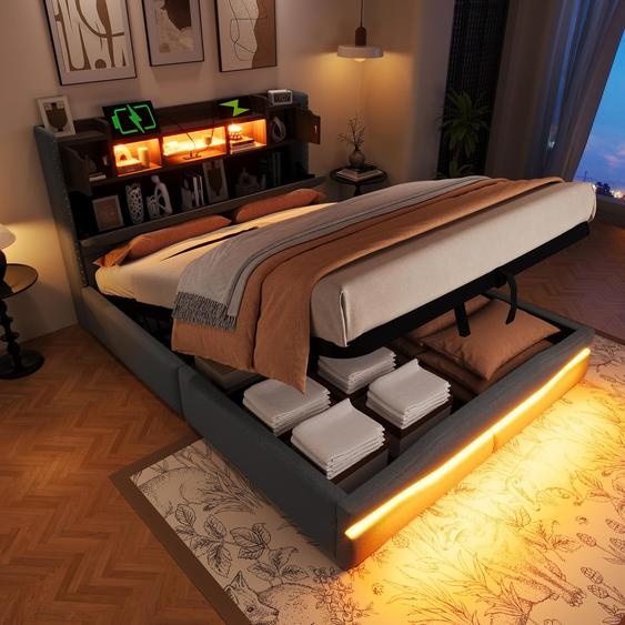 Merax Lit rembourré 140x200 cm, rangement hydraulique, barre lumineuse LED avec app, tête de lit avec rangement & USB/Type-C, lit plat en lin, Gris