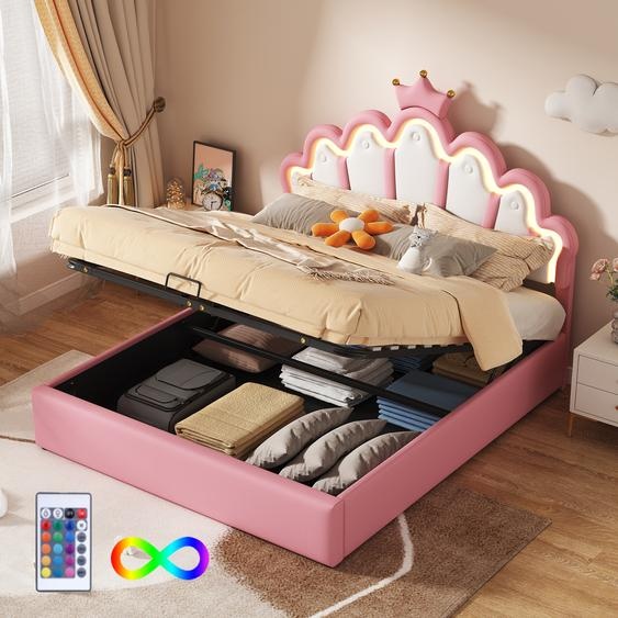 Merax Lit rembourré 140x200cm avec LED, Lit double hydraulique avec tête de lit en couronne, Lit denfant Lit plat avec tête de lit réglable en hauteur, Similicuir, Rose