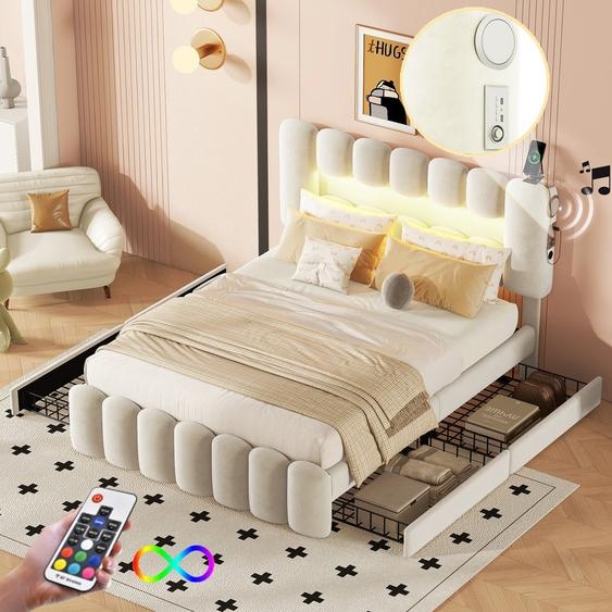 Merax Lit rembourré 140x200cm avec LED, USB et chaîne hi-fi, lit double avec tête de lit réglable en hauteur et 4 tiroirs, lit fonctionnel en velours Lit de rangement
