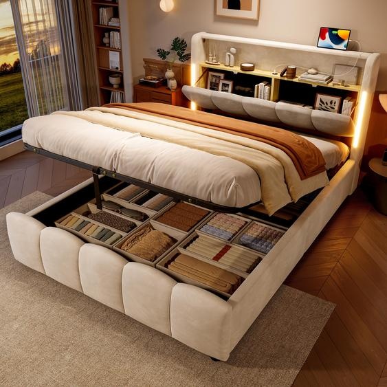 Merax Lit rembourré 140x200cm, avec support hydraulique, tête de lit avec support, compartiment de rangement, rampes lumineuses LED, USB & Type-C, lit double, velours, beige