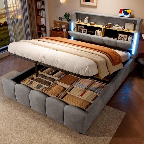 Merax Lit rembourré 140x200cm, avec support hydraulique, tête de lit avec support, compartiment de rangement, rampes lumineuses LED, USB & Type-C, lit double, velours, gris