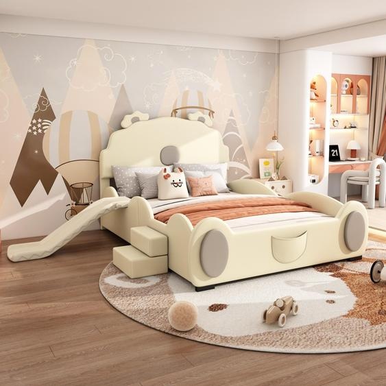 Merax Lit rembourré 140x200cm, lit de dessin animé avec toboggan, escalier, lumières LED, design de lit dours de dessin animé, lit denfant, lit dadolescent, PU, Beige