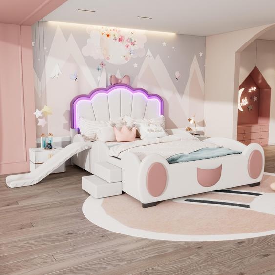 Merax Lit rembourré 140x200cm, lit de dessin animé avec toboggan, escalier, lumières LED, design papillon, lit denfant, lit dadolescent, PU, blanc