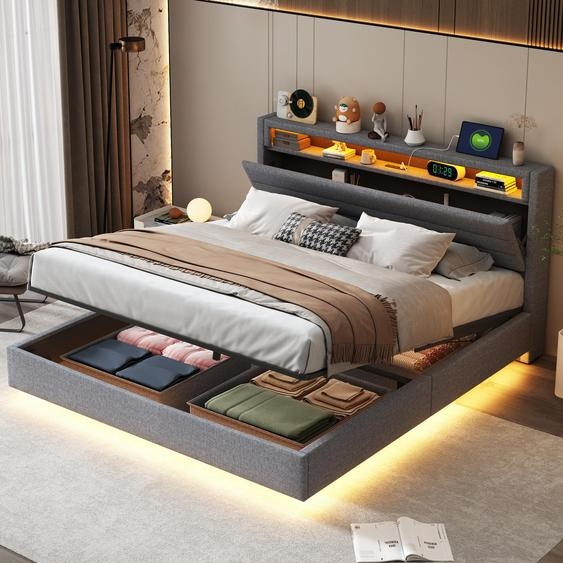 Merax Lit rembourré 160x200 avec LED et tête de lit réversible, Lit boxspring hydraulique en lin, Lit flottant de rangement avec connexion USB, Gris