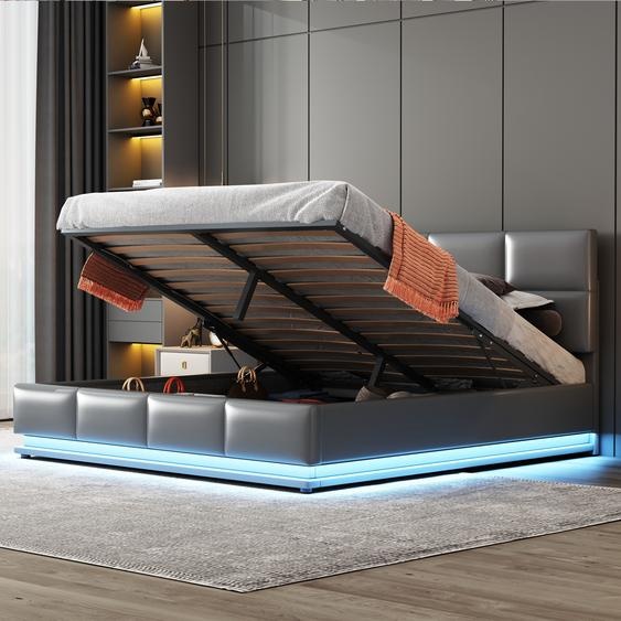 Merax Lit rembourré 160x200cm avec sommier et LED, tête de lit réglable en hauteur et espace de rangement hydraulique, Similicuir Lit double, Gris
