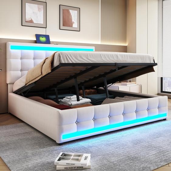 Merax Lit rembourré 180x200 avec rangement hydraulique, lit double avec USB et bande lumineuse LED, tête de lit réglable en hauteur, tissu en lin, beige