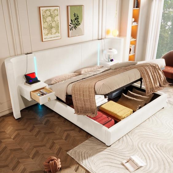 Merax Lit rembourré 180x200 cm, avec 2 tables de nuit, espace de rangement hydraulique, barre de LED et fonction de chargement USB & Type-C, Lit rembourré en velours, Beige