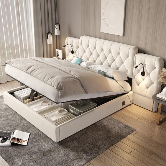 Merax Lit rembourré 180x200 cm avec tête de lit longue, lampes de lecture, prises USB, espace de rangement hydraulique, lit double, lit plat, velours, beige