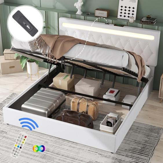 Merax Lit rembourré 180x200 cm, lit plat avec LED, USB et prise de charge de type C, support hydraulique, lit double, lin, blanc