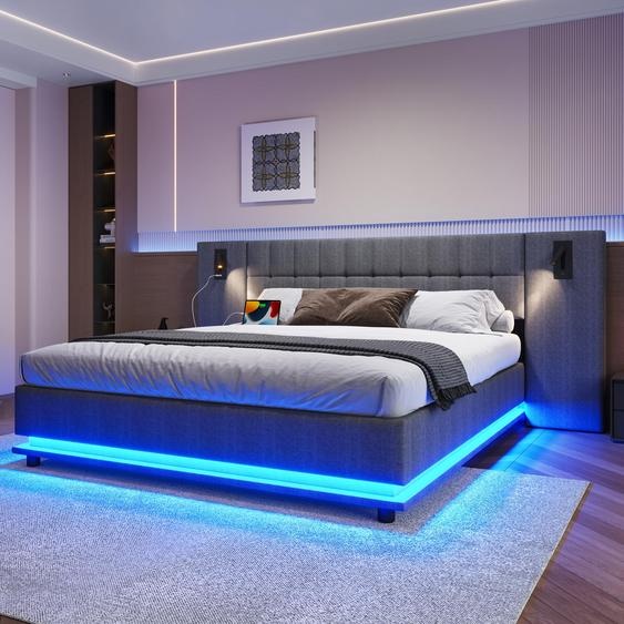 Merax lit rembourré 180x200, lit double avec barre de LED, tête de lit avec liseuse & connexion USB, sommier à lattes, tissu en lin, lit plat, gris