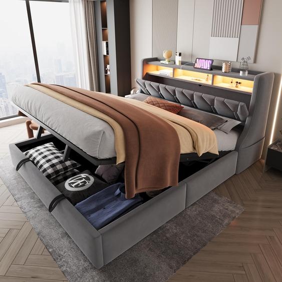 Merax Lit rembourré 180x200cm avec LED, Lit de rangement hydraulique avec tête de lit rabattable, avec prise électrique et rangement, Lit double en tissu velours, Gris