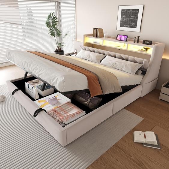 Merax Lit rembourré 180x200cm avec LED, Lit de rangement hydraulique avec tête de lit rabattable, avec prise électrique et tablette, Lit double en tissu velours, Beige