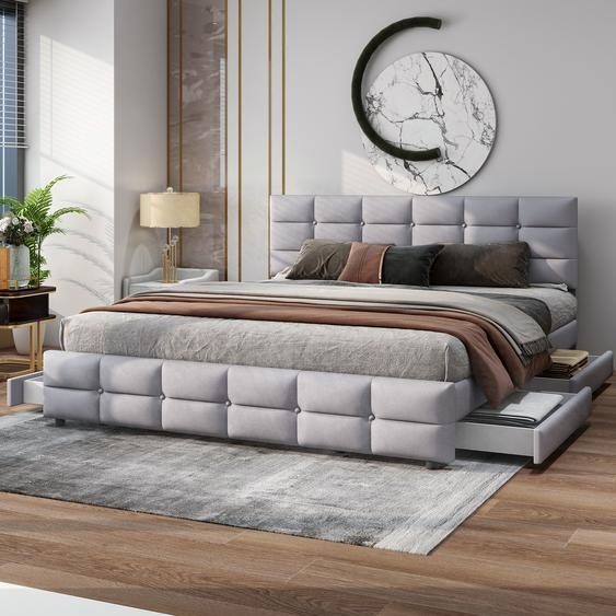 Merax Lit rembourré 180x200cm avec tête de lit réglable en hauteur et 4 tiroirs, lit fonctionnel double avec sommier à lattes et revêtement en velours gris