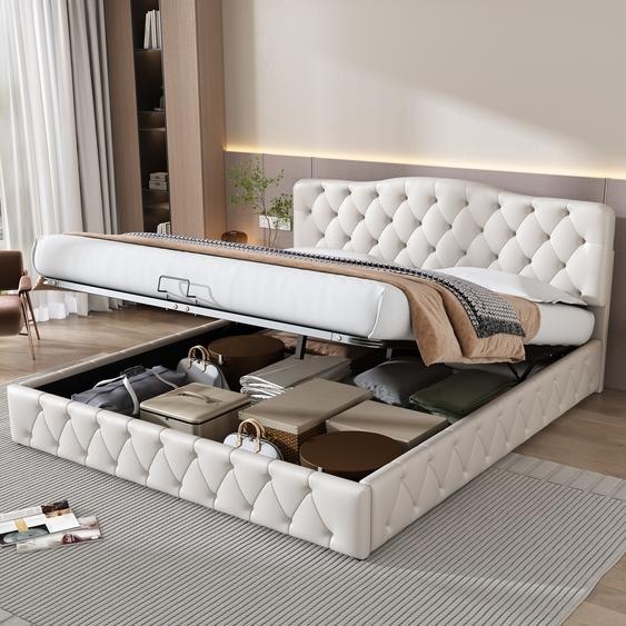 Merax lit rembourré 180x200cm avec tête de lit réglable en hauteur et sommier à lattes, lit double boxspring avec espace de rangement, velours lit de rangement en bois, blanc