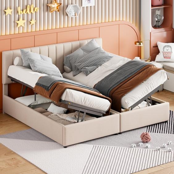 Merax Lit rembourré 180x200cm, Boxspring hydraulique avec sommier à lattes et espace de rangement, Lit double en bois Deux lits simples Lit adolescent Lin, Beige