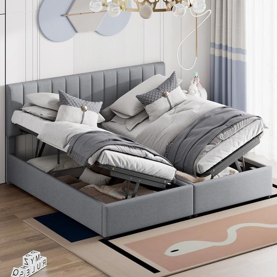 Merax Lit rembourré 180x200cm, Boxspring hydraulique avec sommier à lattes et espace de rangement, Lit double en bois Deux lits simples Lit adolescent Lin, Gris