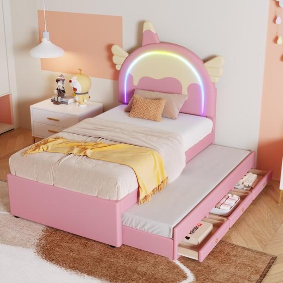 Merax Lit rembourré 90x200 cm, design licorne Lit denfant avec barre lumineuse, lit gigogne, 2 tiroirs, lit de princesse, lit dadolescent, PU, rose