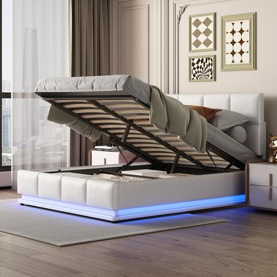 Merax lit rembourré avec LED, lit boxspring hydraulique 140x200cm avec sommier à lattes, espace de rangement, lit double en bois similicuir, blanc