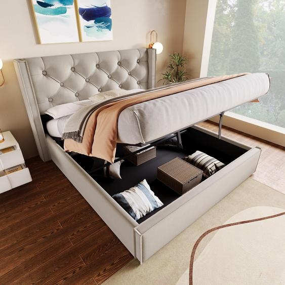 Merax lit rembourré Lit double hydraulique 160x200cm, Lit de rangement avec sommier à lattes en métal, avec tête de lit et mécanisme de levage, gris clair