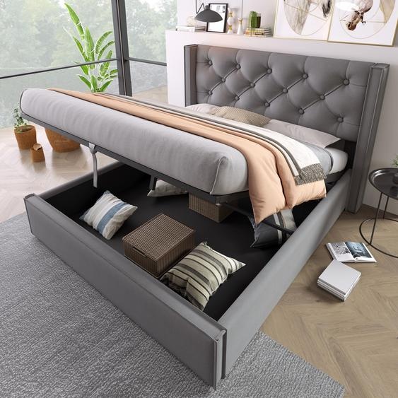Merax Lit rembourré Lit double hydraulique 160x200cm, Lit de rangement avec sommier à lattes en métal, avec tête de lit et mécanisme de levage, Gris