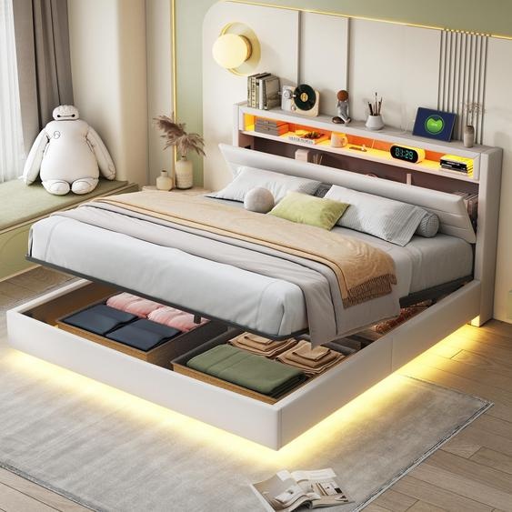 Merax Lit tapissier 160x200 avec LED et tête de lit réversible, Lit boxspring hydraulique en lin, Lit de rangement flottant avec connexion USB, Beige