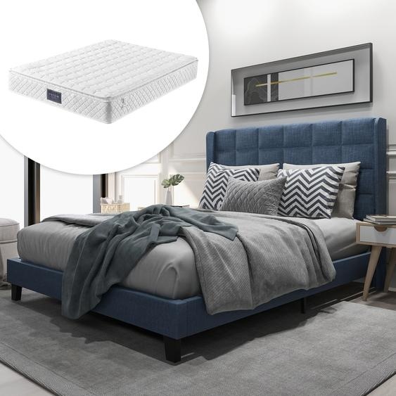 Merax lits rembourrés 140x200cm lit double lit en tissu de lin avec matelas à ressorts, cadre de lit avec sommier à lattes et tête de lit rembourrée, bleu