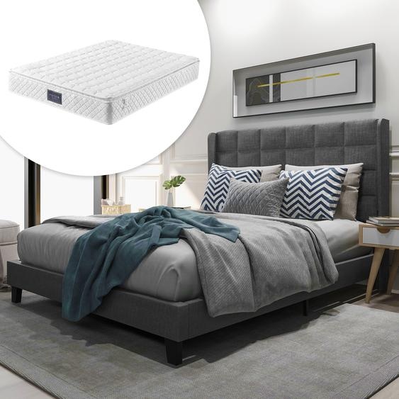 Merax lits rembourrés 140x200cm lit double lit en tissu de lin avec matelas à ressorts, cadre de lit avec sommier à lattes et tête de lit rembourrée, gris