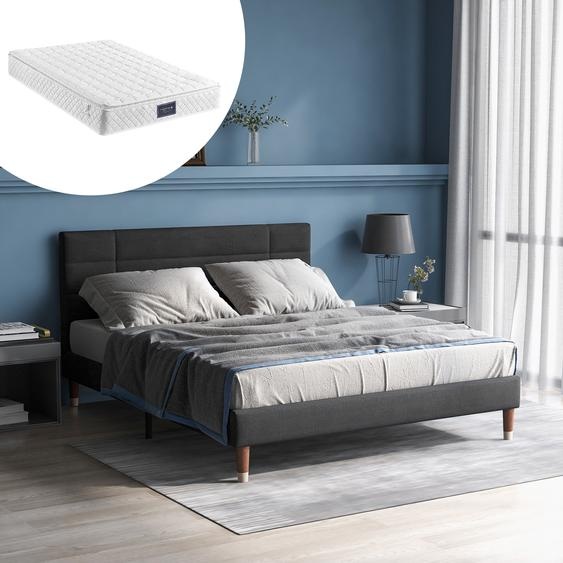 Merax Lits tapissiers 140x200cm Lit double en lin, cadre de lit matrimonial avec sommier à lattes et matelas à ressorts, tête de lit rembourrée, gris foncé