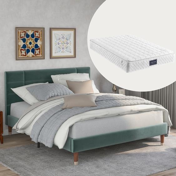 Merax Lits tapissiers 140x200cm Lit double en velours, cadre de lit matrimonial avec sommier à lattes et matelas à ressorts, tête de lit rembourrée, vert
