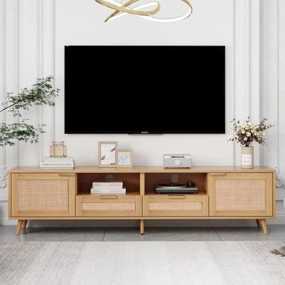 Merax Meuble TV, avec pieds en bois massif, panneaux TV en rotin tissé - 200*37*49cm - Chêne