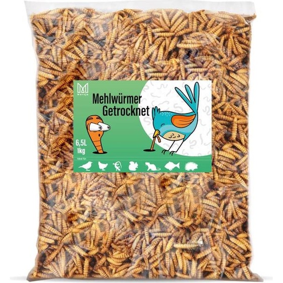Mersjo Premium vers de farine séchés 1kg 6.5L Des friandises variées pour les animaux : Insectes comme snack pour oiseaux, poissons, tortues, rongeurs, hérissons, reptiles