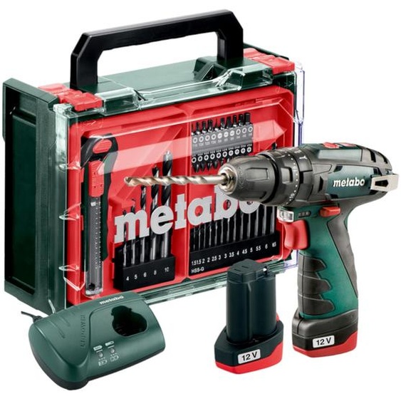 Metabo PowerMaxx SB Basic Set Perceuse-visseuse à percussion sans fil 12 V 34 Nm ( 600385710 ) + 2x batterie 2,0 Ah + chargeur + 41 pces. kit accessoires + coffret