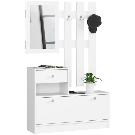 Meuble à chaussures AKORD Blanc 90 cm 1 porte 1 tiroir façade Blanche 2 étagères 90x25x170 cm