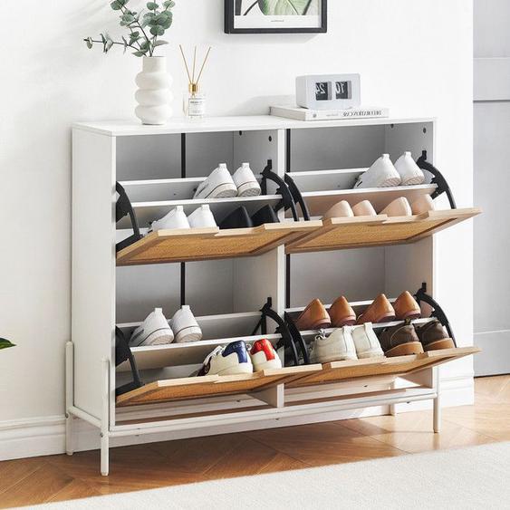 Meuble à Chaussures-Armoire à Chaussures-4 abattants-Meuble dentrée Rangement pour Chaussures - 88 x 24 x 102 cm -Blanc Bois Clair