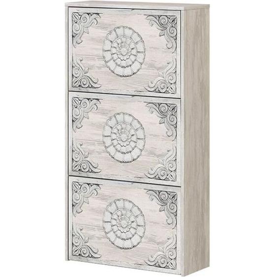 Meuble à Chaussures avec 3 abattants coloris chêne gris blanchie - impression digitale mandala - H113 x Longueur 60 x P22 cm