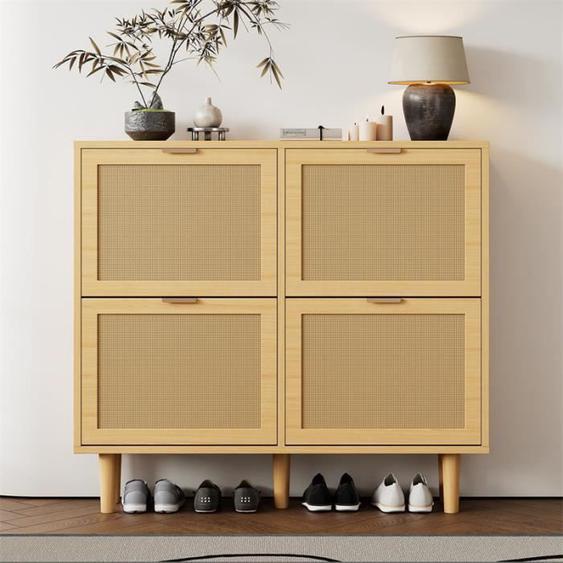 Meuble à chaussures avec 4 tiroirs rabattables, 140x25x90cm, en rotin avec poignées, style maison de campagne, Chêne clair