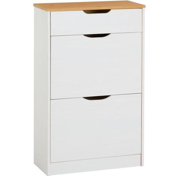 Meuble à chaussures BASIL - IDIMEX - Rangement avec 2 abattants et 1 tiroir - Pin massif lasuré blanc et brun