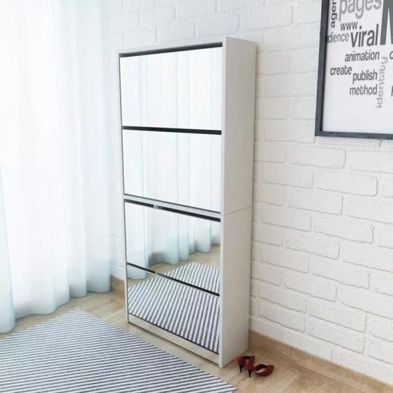 Meuble à chaussures - Blanc - 4 étagères - Miroir - Moderne et élégant