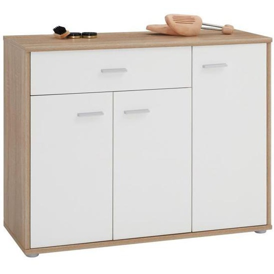Meuble à chaussures CAMILLE, commode meuble de rangement avec 1 tiroir et 3 portes, en mélaminé décor chêne sonoma et blanc mat