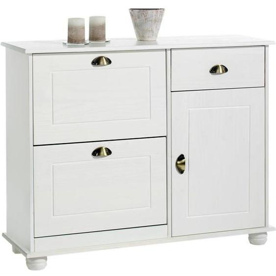 Meuble à chaussures COLMAR armoire rangement avec 2 abattants 1 tiroir et 1 porte avec 1 étagère, en pin massif lasuré blanc