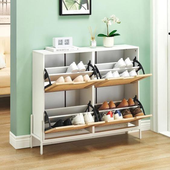Meuble à chaussures design scandinave, 4 portes abattantes 4 étagères réglables bois pin panneaux bois clair blanc