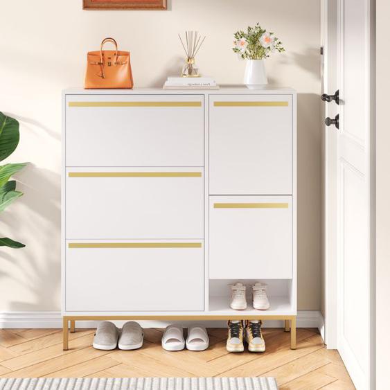 Meuble à Chaussures - Meuble de Rangement à Chaussure 22 Paires - 4 Portes - Armoire à chaussures avec tabouret - Pour Entrée Salon