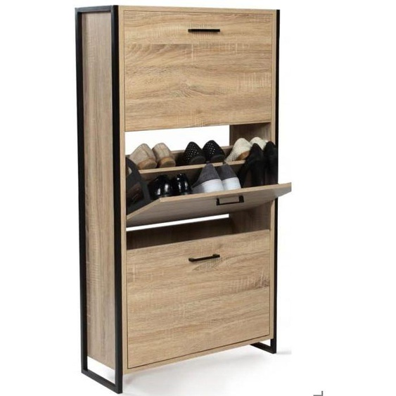 Meuble à Chaussures Moderne Design Industriel 3 Portes Beige Noir Bois Métal Salon Chambre