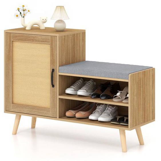 Meuble à Chaussures - RELAX4LIFE - 2 en 1 - Coussin de Siège Amovible - 3 Etagères Réglables - Pieds en Bois Massif - Charge 160KG