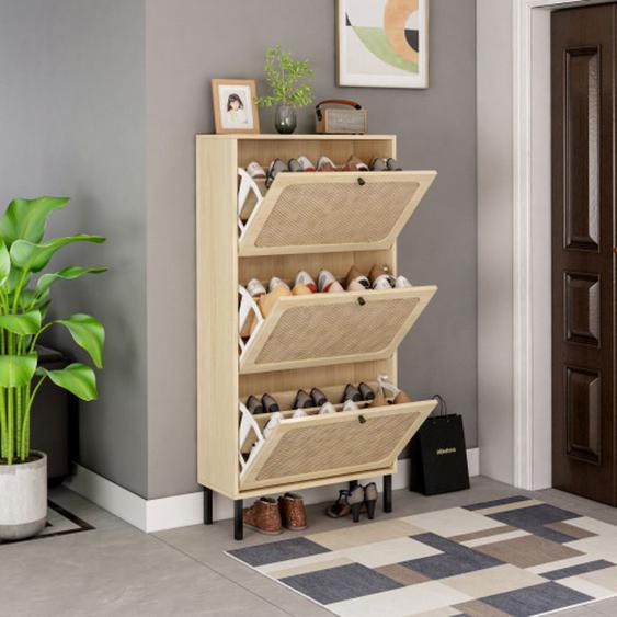 Meuble à chaussures vintage 3 portes effet naturel cannage,Etagère à chaussures,60x23.5x124CM