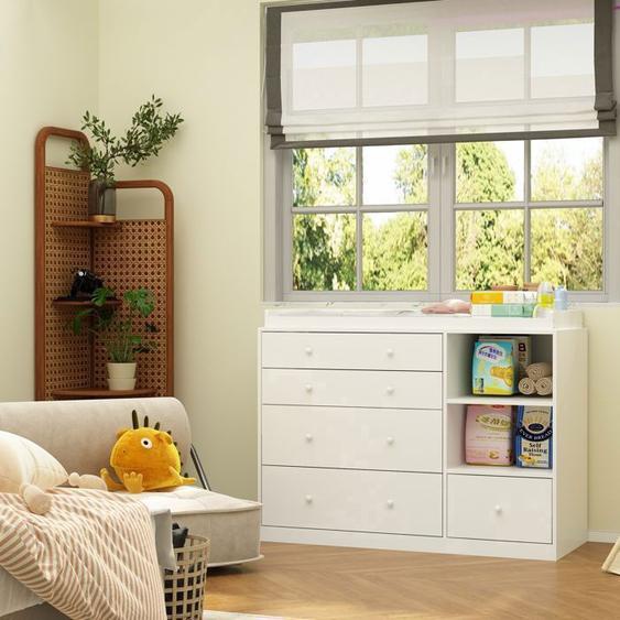Meuble à Langer pour bébé,Table à langer,Commode,Compartiments ouverts,5 tiroirs et étagères,Chambre,Blanche,120x50x91.5cm